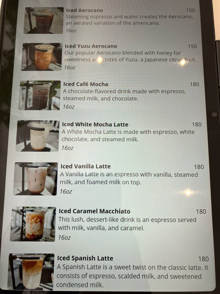 アンヘレス「The Coffee Lab & Lounge」のメニュー表