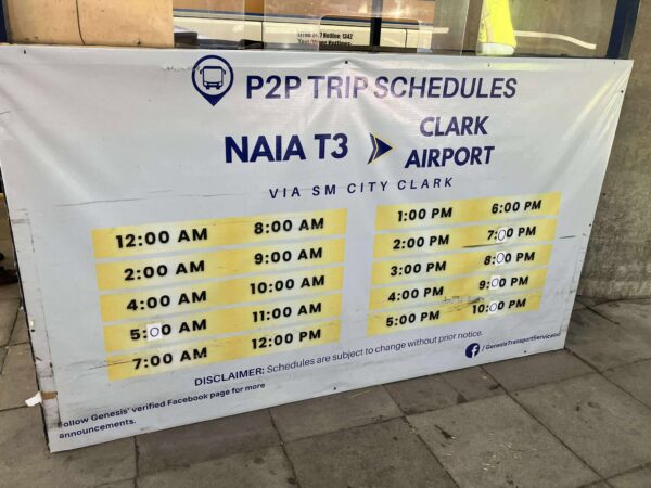 NAIAターミナル3発クラーク空港行きP2Pバスの時刻表（2025年6月時点）