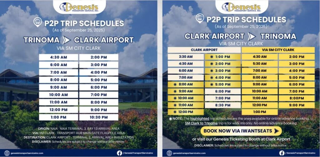 Genesis TransportのP2Pバス時刻表（2025年9月版）。マニラ空港、クラーク空港、TRINOMAを結ぶ最新スケジュールを掲載。