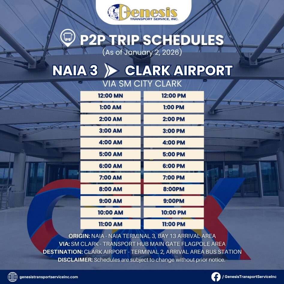 マニラ空港（NAIA）からクラーク空港へのP2Pバス最新時刻表（2026年1月版）。SMクラーク経由で24時間運行。Genesis Transport公式情報。