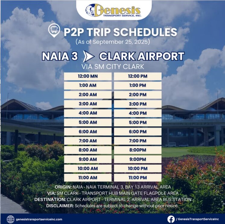 マニラ空港（NAIA）からクラーク空港へのP2Pバス最新時刻表（2025年9月版）。SMクラーク経由で24時間運行。Genesis Transport公式情報。