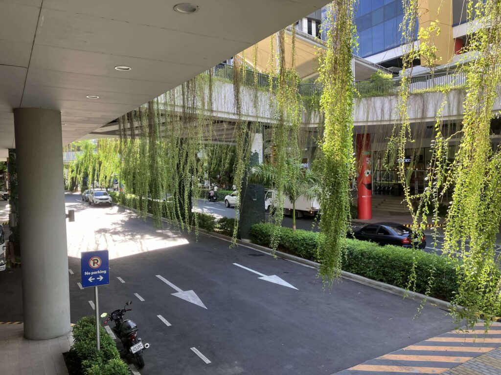 SMクラークSkylineエリアの高架歩道と緑豊かな街並み
