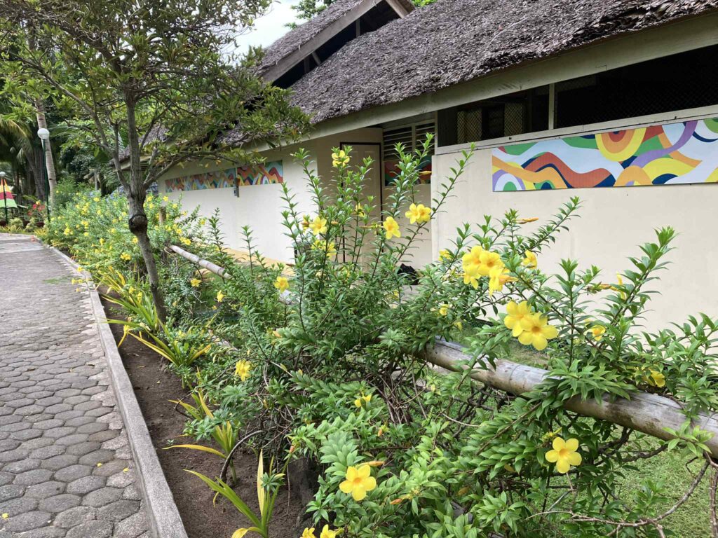 パラダイスアイランドの庭園に咲く黄色い花と小道