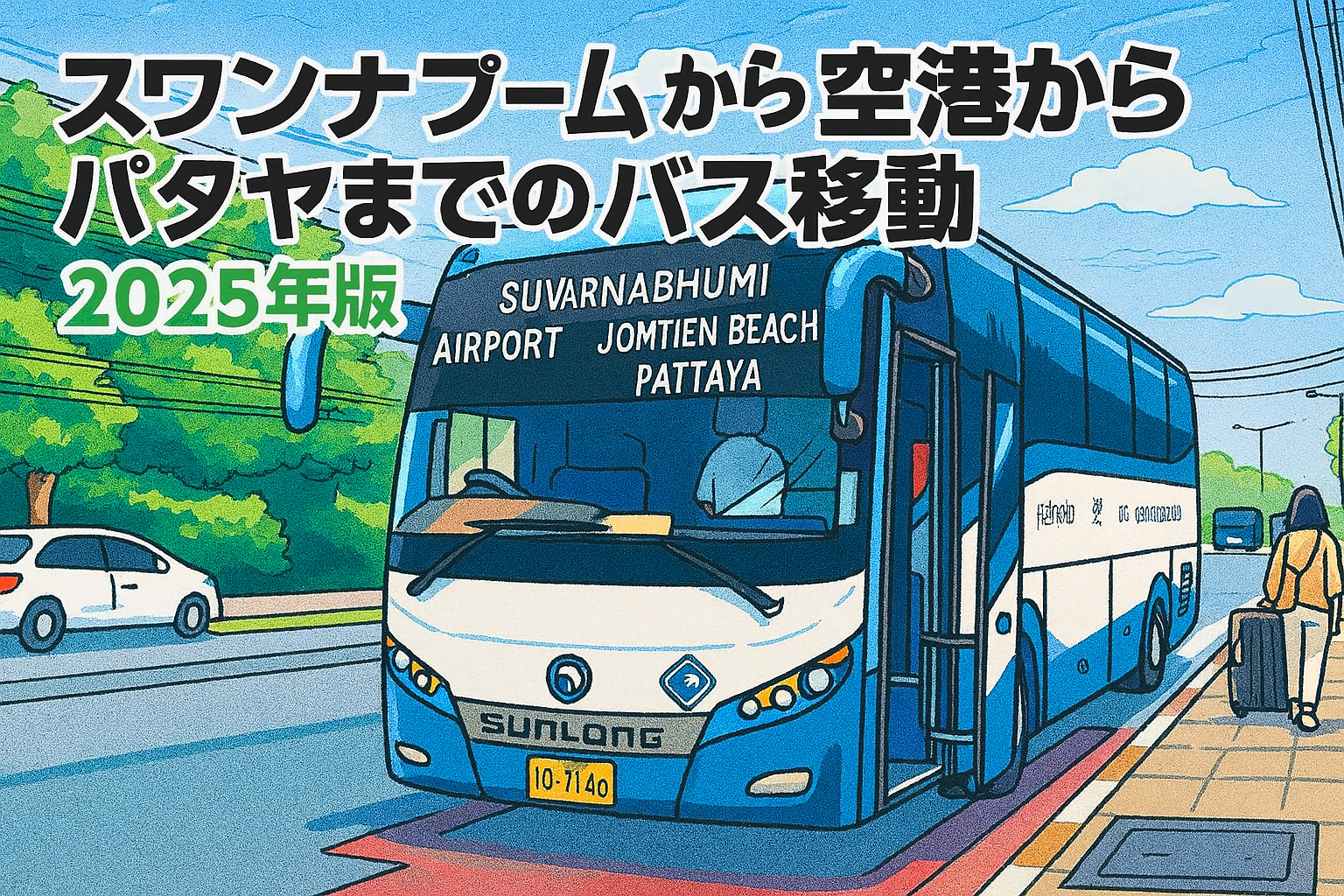 スワンナプーム空港からパタヤ行きの大型バスのイラスト。歩道ではスーツケースを引く旅行者の姿も描かれている
