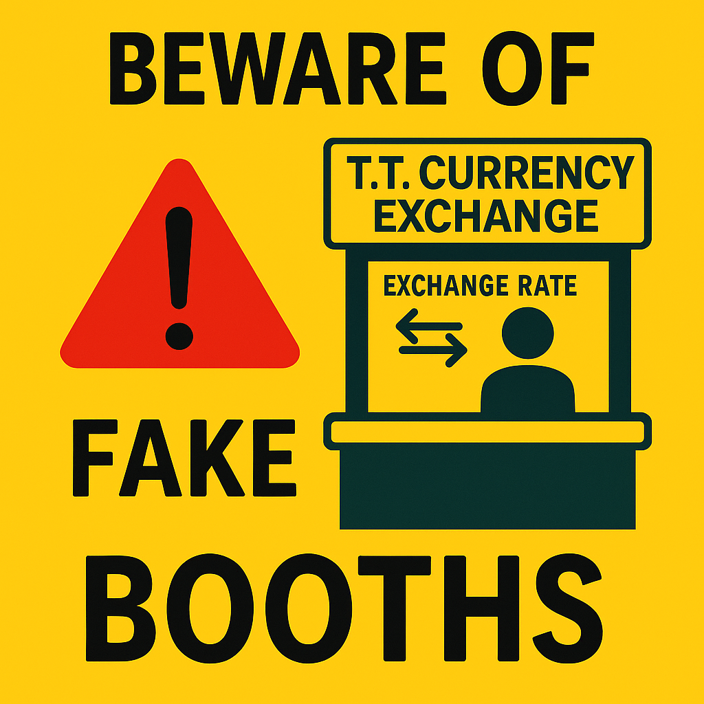 T.T. CURRENCY EXCHANGEに似せた偽の両替所に注意を促す警告イラスト。赤い三角の警告マークと『FAKE BOOTHS(偽店舗)に注意』という英語表記が描かれている