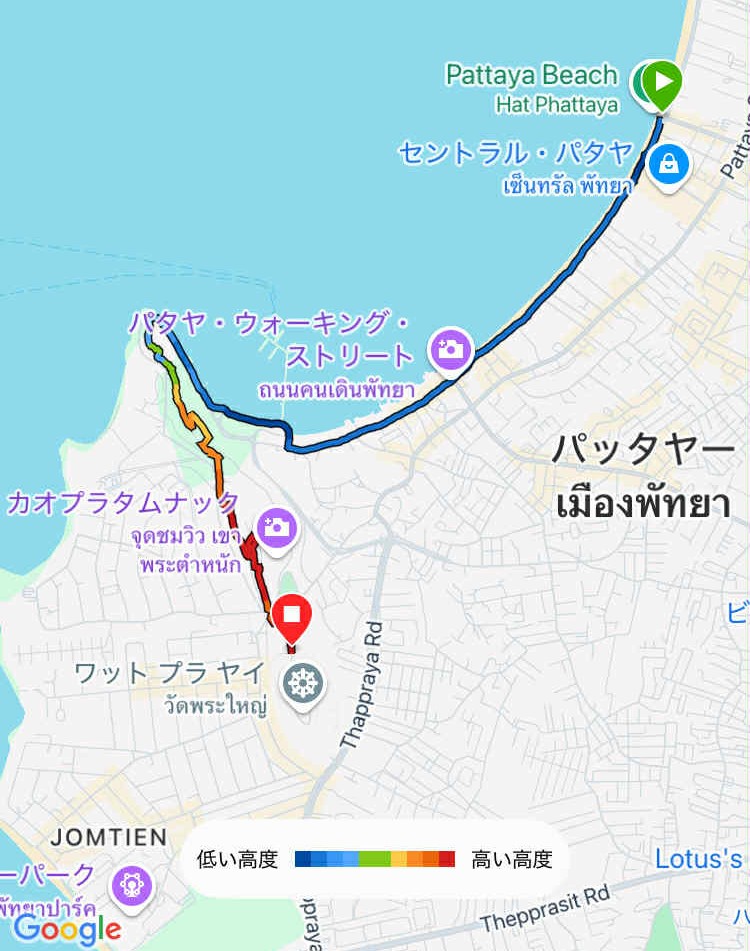 パタヤビーチからワットプラヤイまでの朝の散策コース地図。高低差が色分けされており、約2時間のルート