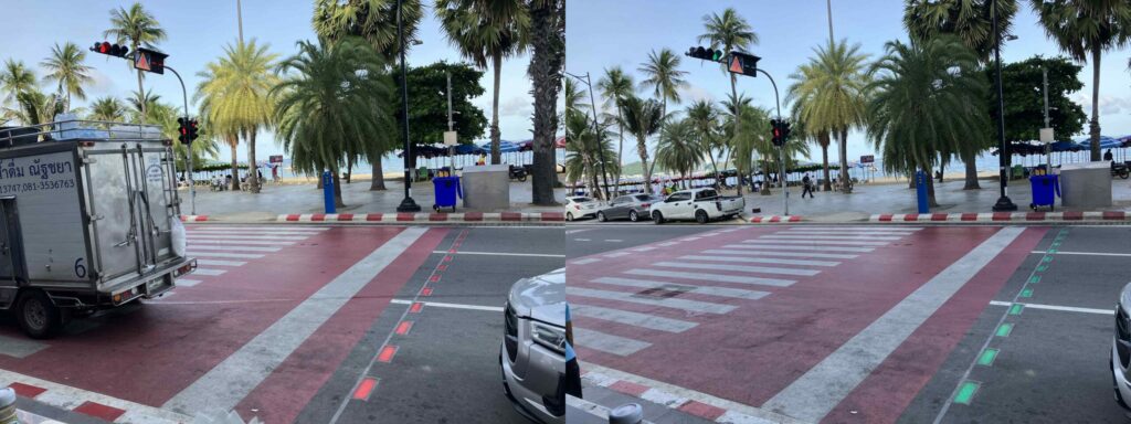 パタヤビーチロードの横断歩道と赤・緑に光る信号ライト