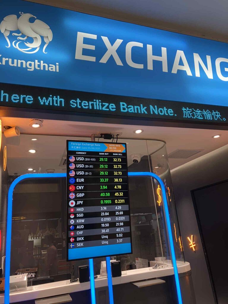 ドンムアン空港Krungthai銀行の両替所とレート表示