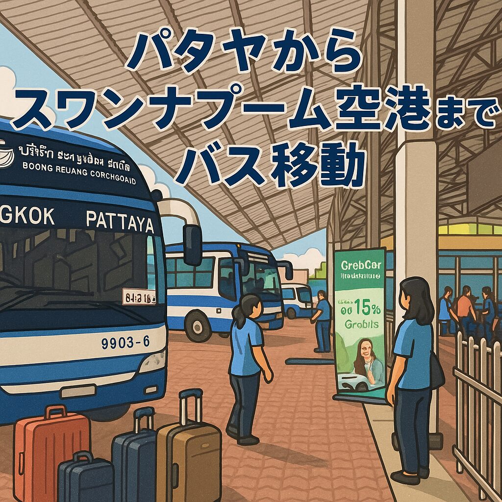 パタヤからスワンナプーム空港までの直通バス移動をイラストで表現