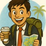 スーツ姿でバックパックを背負い、コーヒーと地図を持つ筆者プロフィール用イラスト