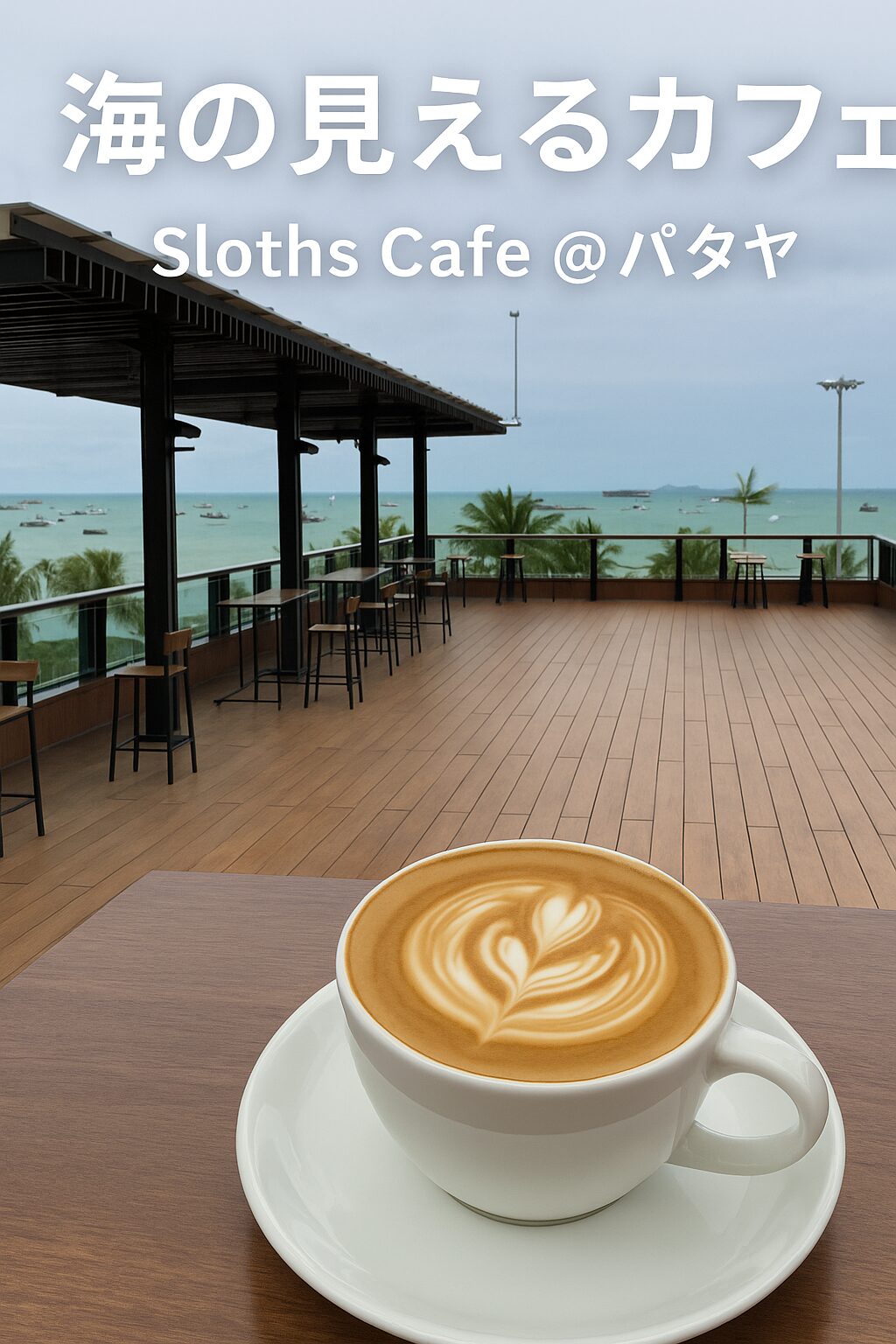 パタヤの海が見える「Sloths Cafe」のテラス席。開放的な雰囲気でリゾート気分を楽しめるカフェ。
