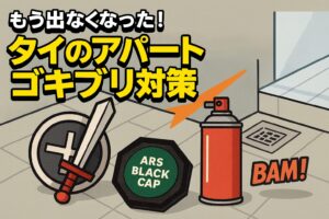 タイのアパートでのゴキブリ対策をユーモア風に描いたアイキャッチ画像。バスルームを背景に、剣や盾、殺虫剤スプレー、ブラックキャップをRPGの武器風に配置し、擬音「BAM！」で戦いを表現。ゴキブリのイラストや写真は一切含まれていない。