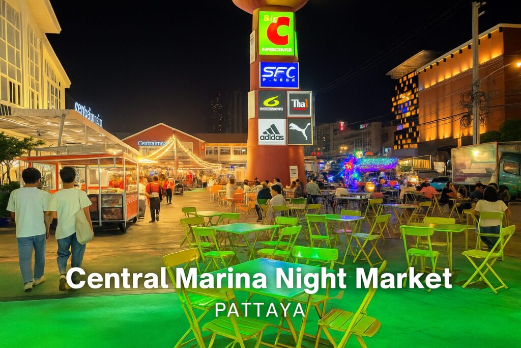 パタヤのCentral Marinaナイトマーケットの夜景。明るく彩られたテーブルと屋台が並ぶ賑やかな雰囲気