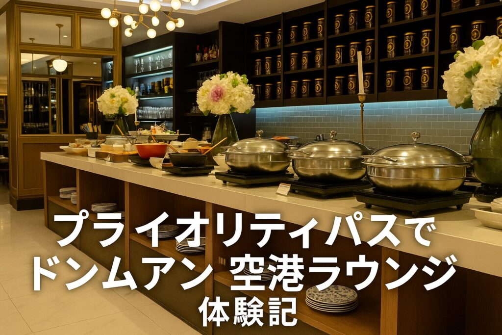 ドンムアン空港The Coral Executive Loungeのビュッフェを背景にしたアイキャッチ画像。「プライオリティパスでドンムアン空港ラウンジ体験記」のタイトル入り