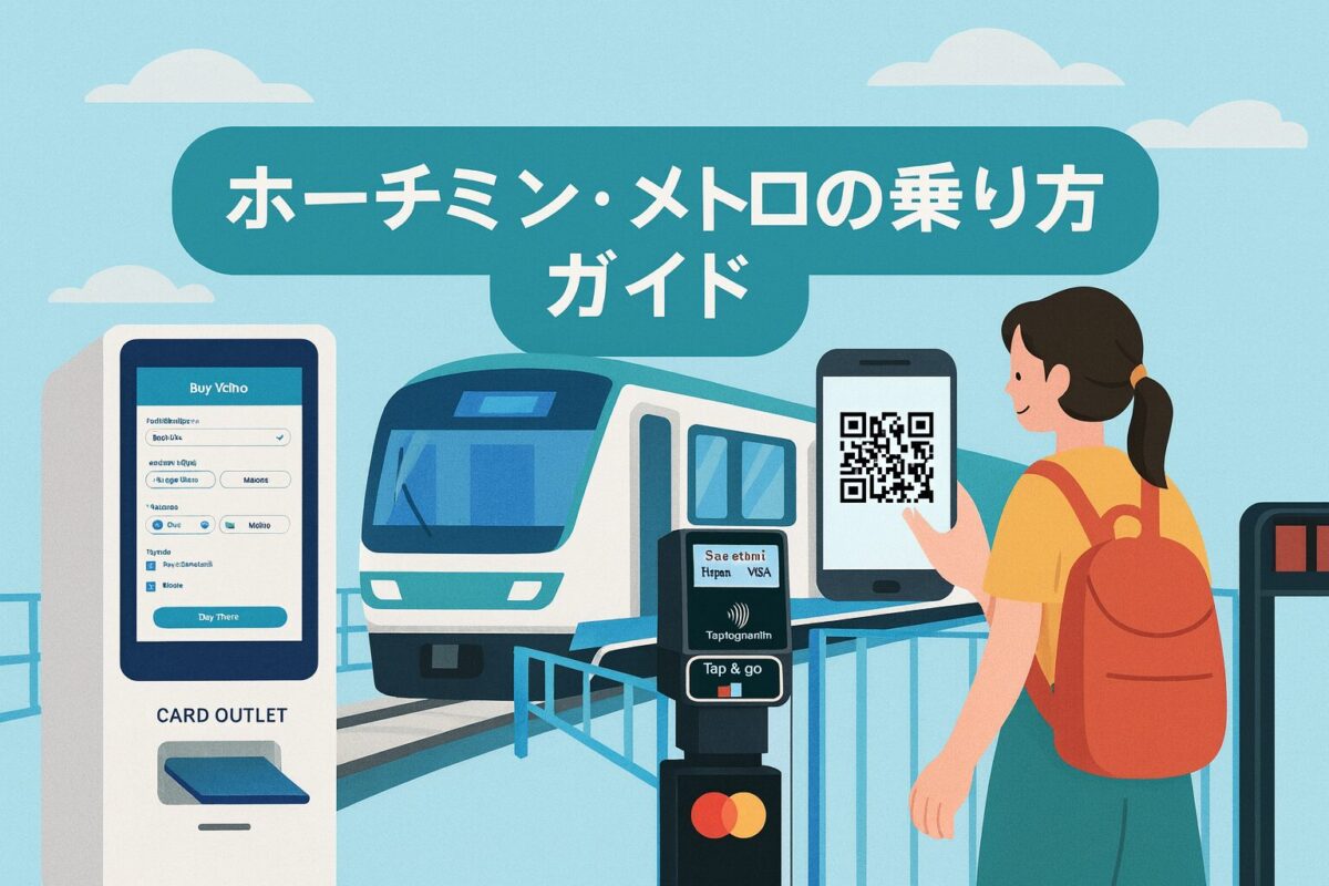 ホーチミン・メトロ1号線の改札と券売機を描いた乗り方ガイドの横長アイキャッチ画像。QRコードをかざす旅行者のイラスト。