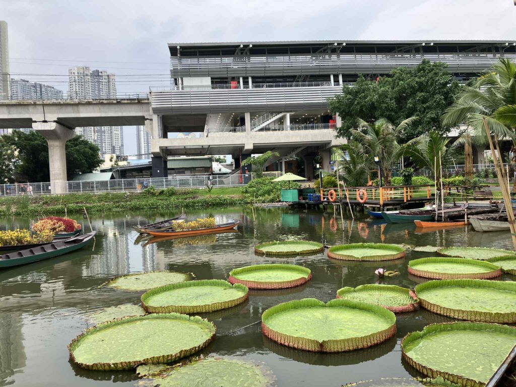 Van Thanh公園の池越しに見えるホーチミン・メトロ高架線と駅