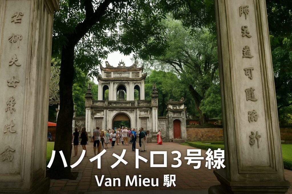 ハノイメトロ3号線Van Mieu駅のアイキャッチ（文廟の正門を背景にした横長デザイン）