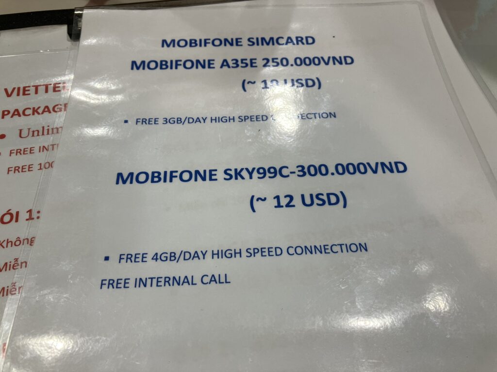 Mobifoneの観光客向けプリペイドSIM料金表（3GB/日・4GB/日プラン）