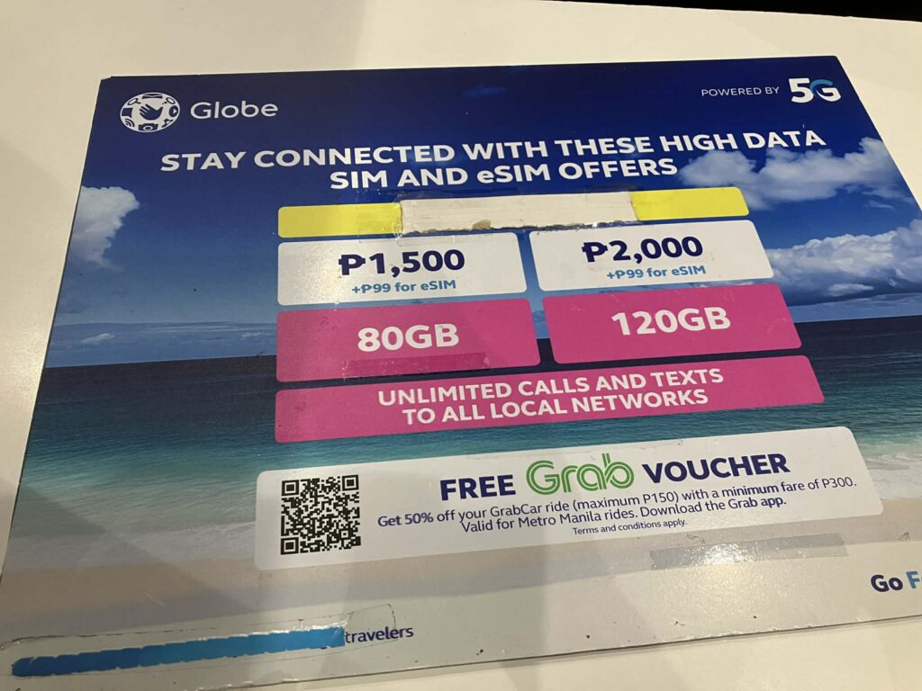 マニラ空港NAIAのGlobe SIM価格表（データ容量と料金表示）