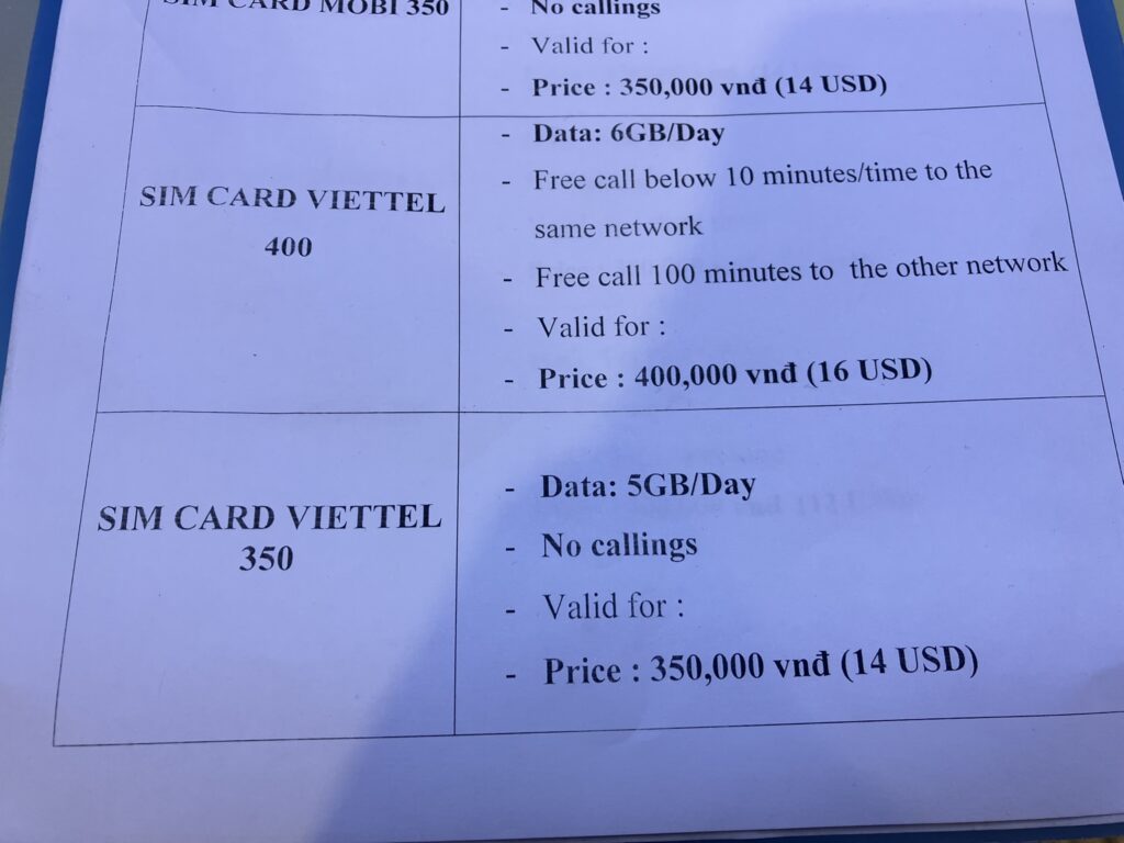 Taseco Mediaが販売するViettelのSIMプラン一覧