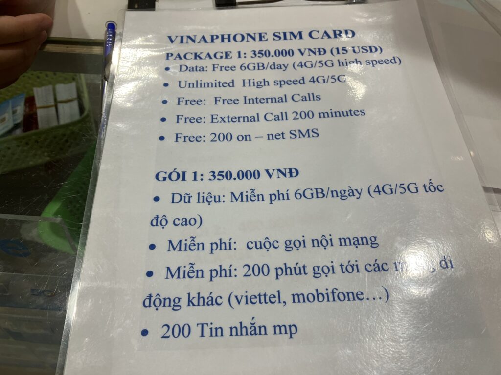 Vinaphoneの観光客向けSIMプラン料金表（6GB/日・通話200分・SMS付き）