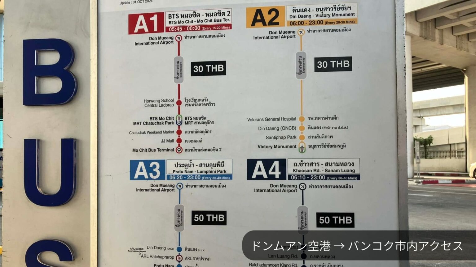 ドンムアン空港からバンコク市内へのアクセス案内（A1〜A4路線図）