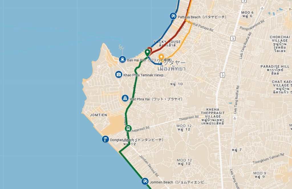 パタヤ朝の散策スポット地図|バリハイ桟橋・カオプラタムナック・ジョムティエン・ドンタンビーチの位置関係