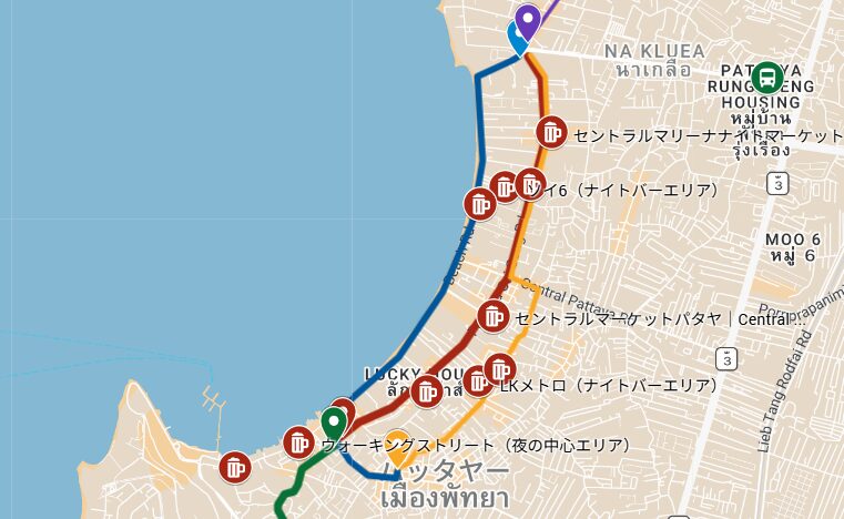 パタヤ中心部の夜エリア分布マップ。ウォーキングストリート、LKメトロ、ソイ6、ナイトマーケットの位置関係を示す地図