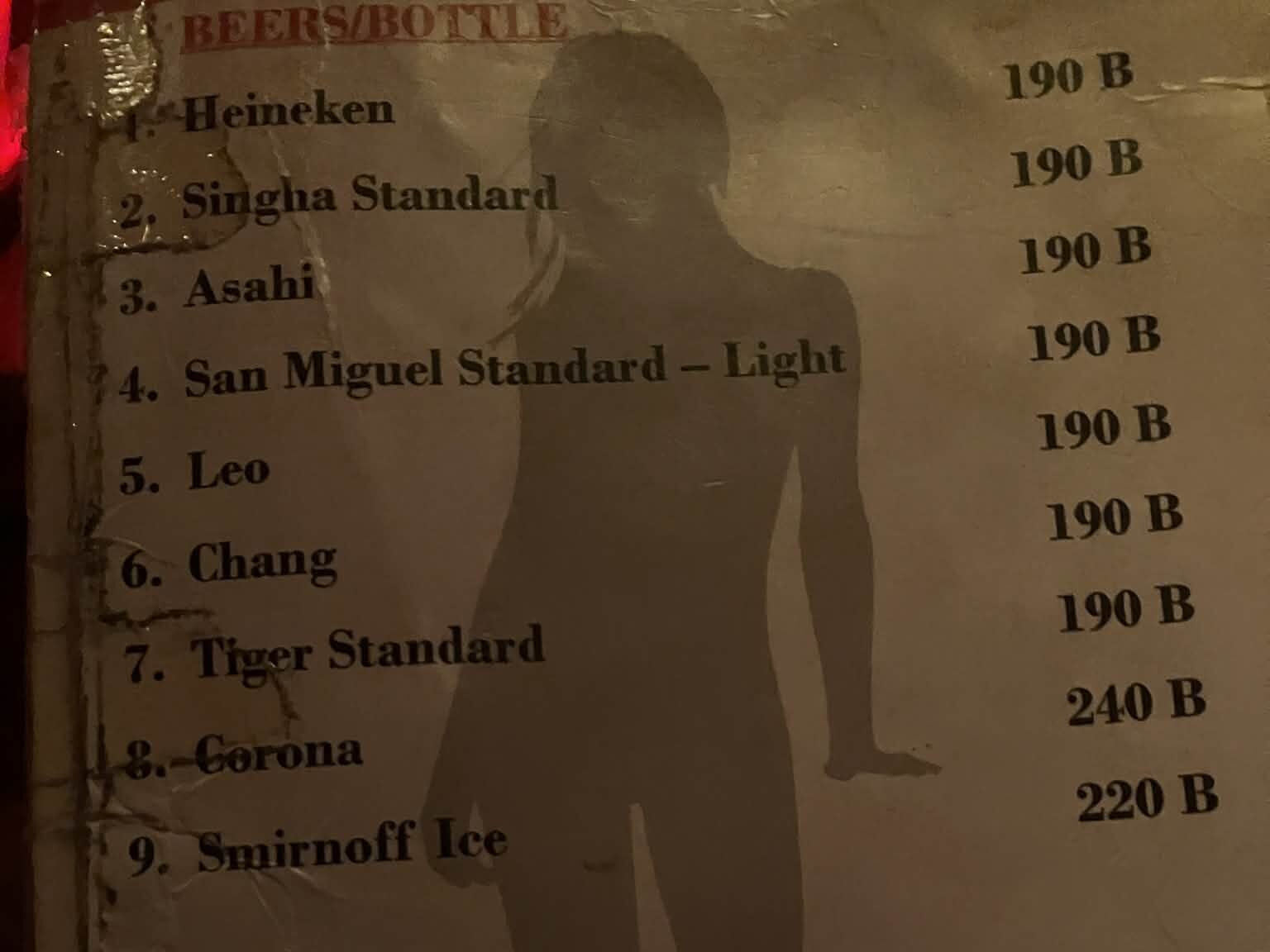 ソイカウボーイのビール価格メニュー(190バーツ前後)