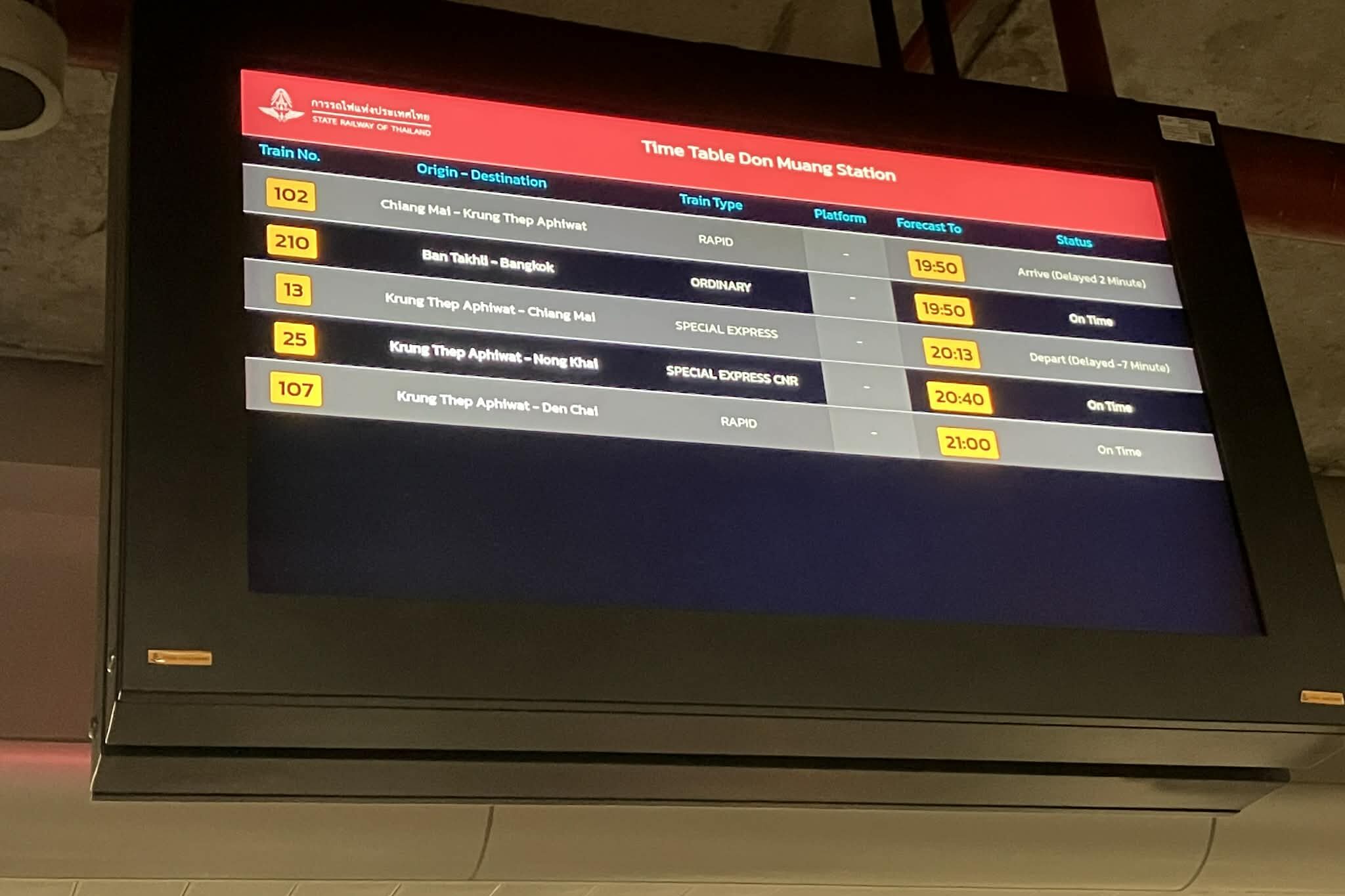 タイ国鉄ドンムアン駅の時刻表表示