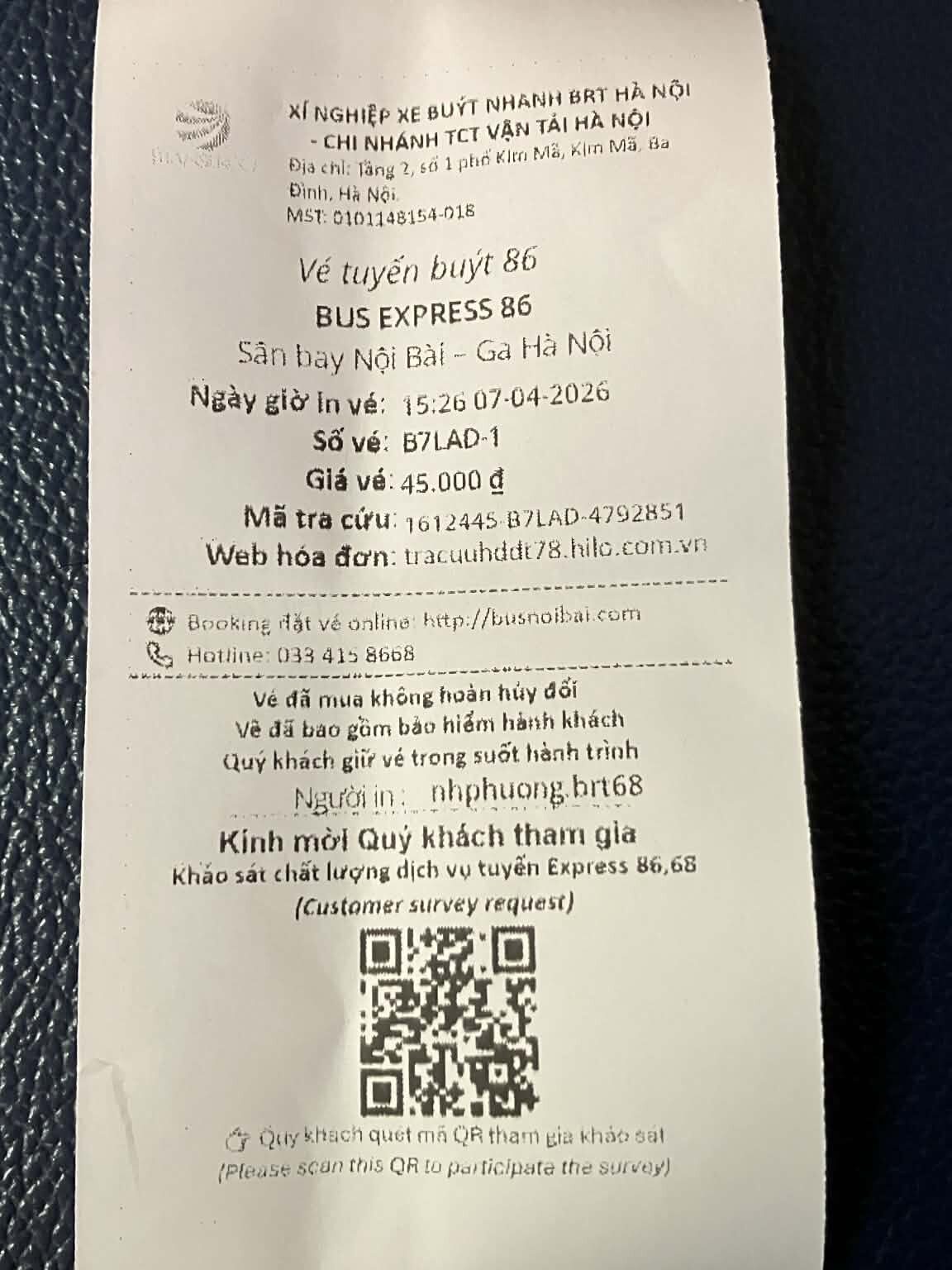 ハノイ86番バスの乗車券（レシート）｜車内で徴収される45,000ドンのチケット