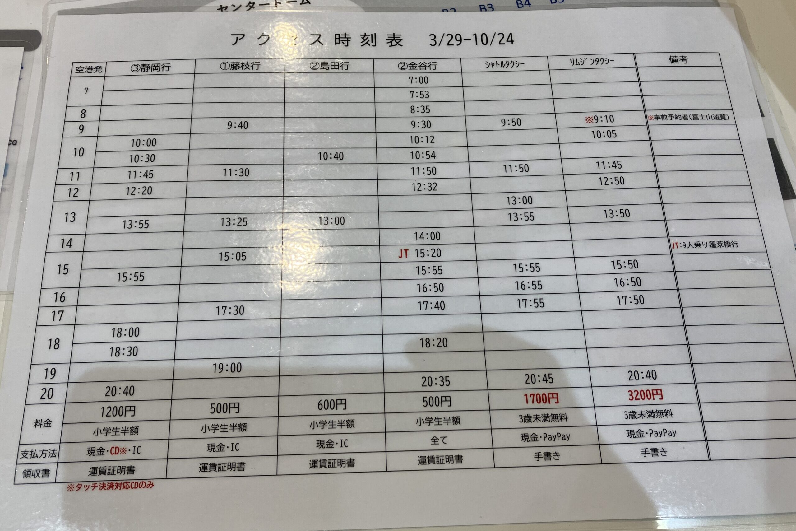 富士山静岡空港の各方面アクセスバス時刻表(3/29-10/24)