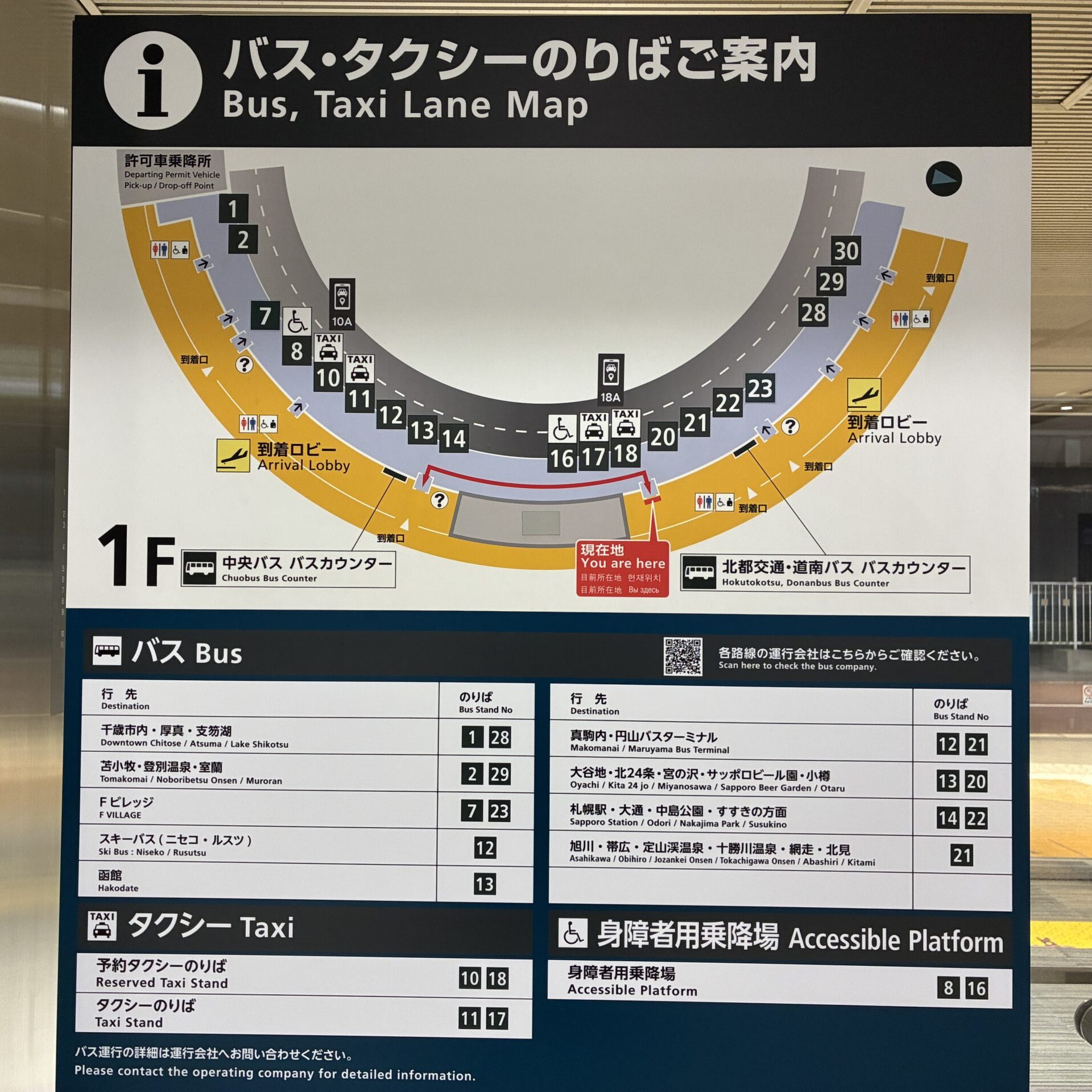 新千歳空港国内線ターミナル1階のバス・タクシー乗り場案内図