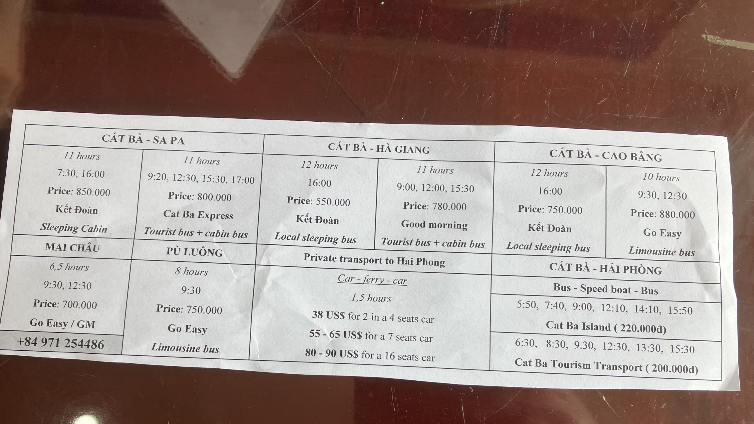 カットバタウンの旅行会社に掲示された料金・時刻表