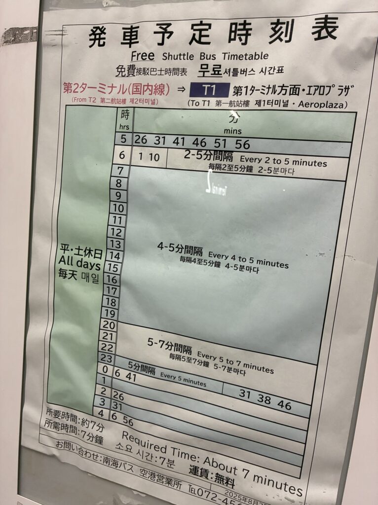 関西空港第2ターミナル国内線前に掲示された第1ターミナル行き無料連絡バス時刻表