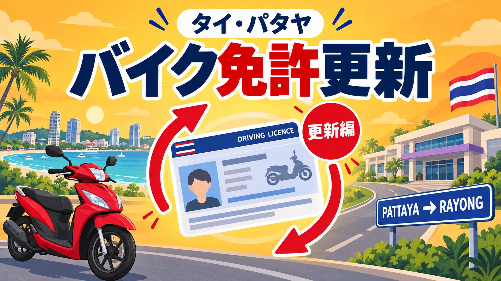 タイ・パタヤでバイク免許を更新し、ラヨーン陸運局へ向かう流れを示したイラスト